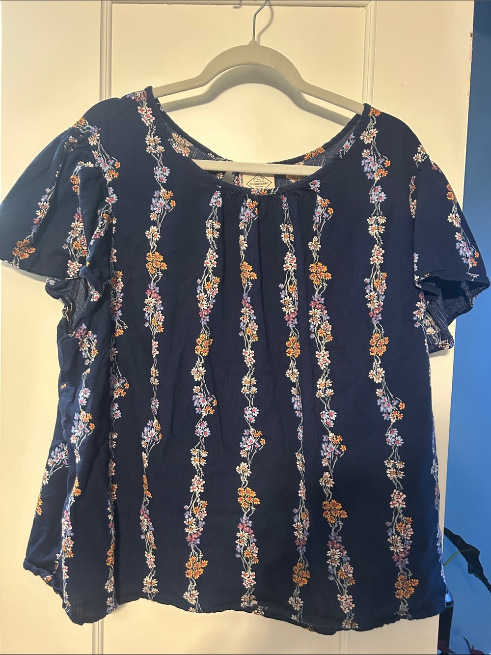 St. John's Bay Navy Floral Stripe Peasant Top